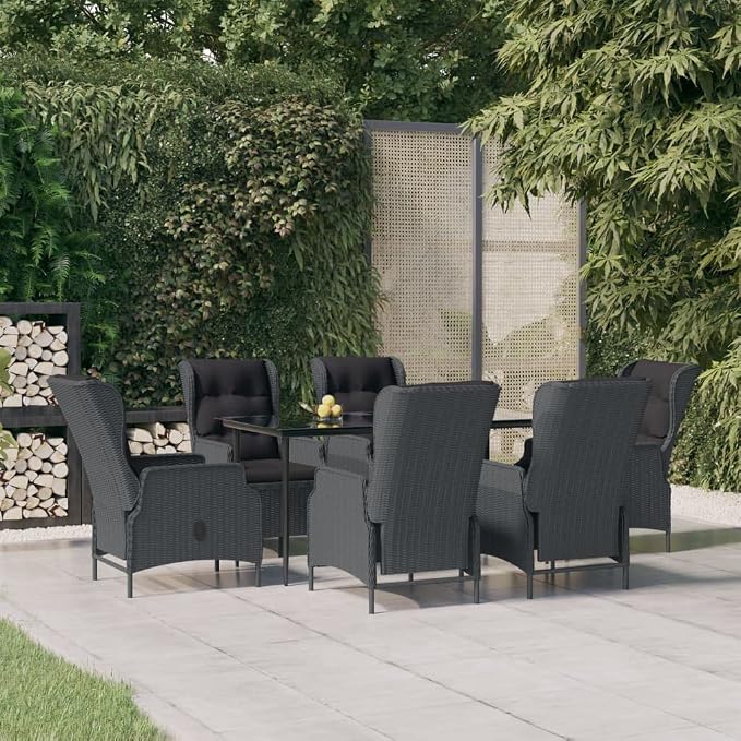 7 Piece Patio Dining Set Dark Gray Poly Rattan with 6 Reclining Chairs, Outdoor PE Rattan Dining Table & Chairs with Adjustable Backrest and Cushions for Garden, Deck, Backyard, Black Steel Frame