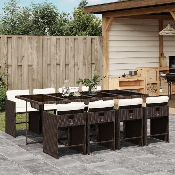 9-Piece Patio Dining Set with Cushions Brown Poly Rattan Outdoor Furniture Set for Backyard Balcony Porch Includes Tempered Glass Table & Foldable Chairs