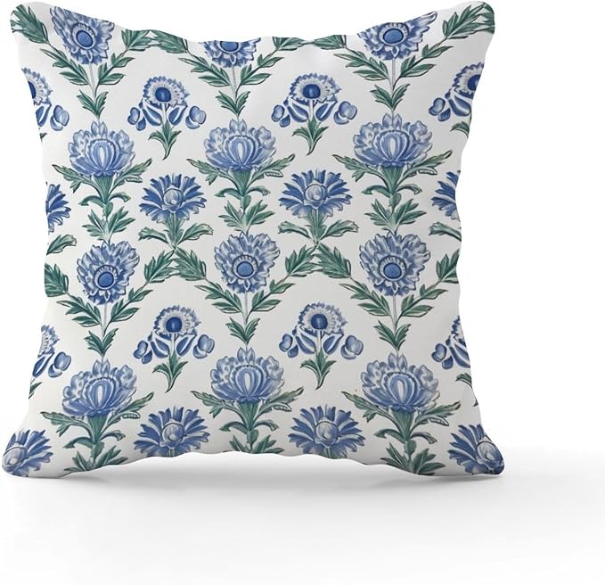 Throw Pillow Covers Mughal Flower Pillows Rustic Blue Lotus Floral Pillow Cover Accent Farmhouse Decor Pillow for Couch Sofa Patio 26x26 in