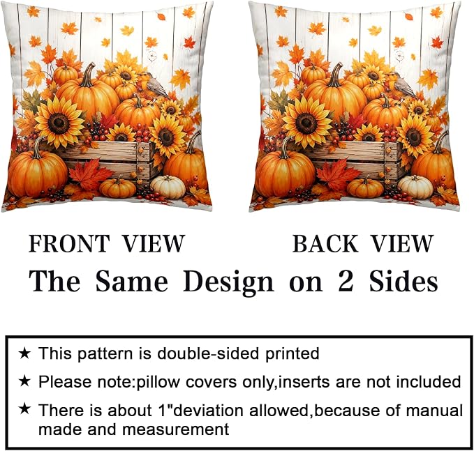 Pumpkin Pillow Covers Autumn Maple Leaf Throw Pillow Covers 20x20 Set of 2 Fall Pillow Cases Thanksgiving Berry Sunflowers Cushion Cases for Home Bedroom Living Room Patio