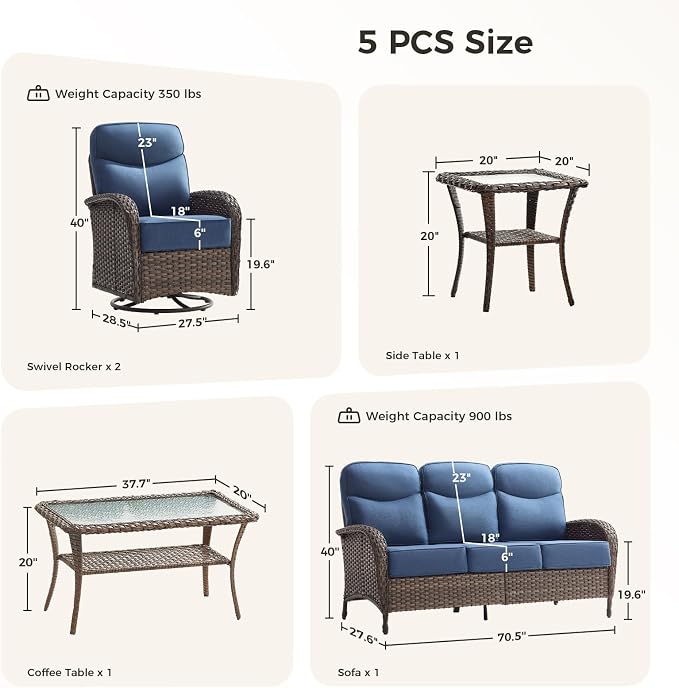 Luxury Patio Furniture Set with 6-inch Thick Cushions, Outdoor Furniture Set with High Back Swivel Chairs, 5 PCS Wicker Outdoor Conversation Set for Porch, Patio, Yard, Deck, Poolside, Brown/Blue