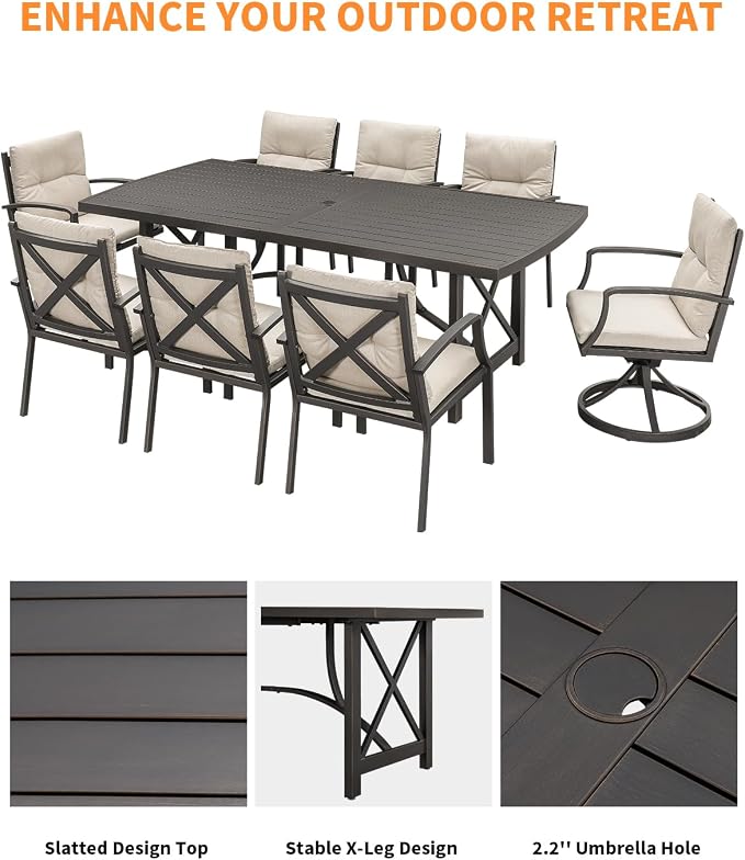 9 Pieces Outdoor Dining Set, Never-Rust Aluminum Patio Dining Set for 8, Patio Table and Chairs Set with 2 Swivel Rocker Chairs, Patio Furniture Setfor Decks, Garden, Lawn, Gunmetal