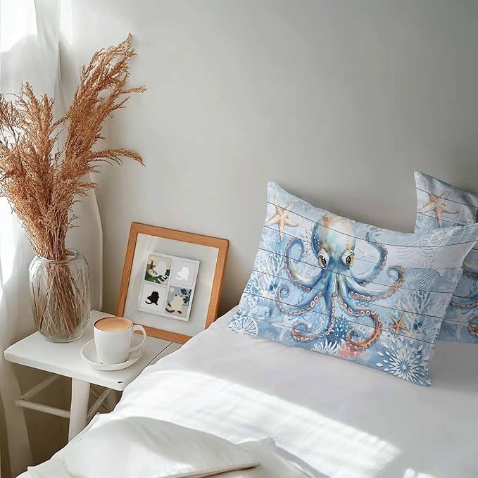 Coastal Octopus Waterproof Outdoor Pillow Covers Set of 2 Home Decor, Nautical Sea Starfish Coral Wooden Grain Pillowcase Patio Pillow Covers for Couch Bench Furniture Garden 20x12in