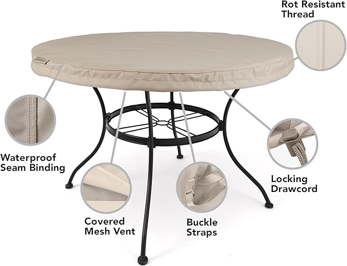 Covermates Ultima Outdoor Round Dining Table Top Cover – Rip-Resistant All-Weather Water-Resistant Polyester, Mesh Vent, Drawcord & Buckle Straps, Patio Protection, Round 54-60 DIAMETER, Ripstop Tan