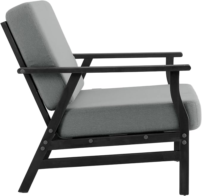 3 Piece Wood Patio Chair Outdoor Bistro Set, Outdoor Armchair All Weather Patio Sofa Furniture Backyard Conversation Sets with Dark Wooden Side Table, Grey