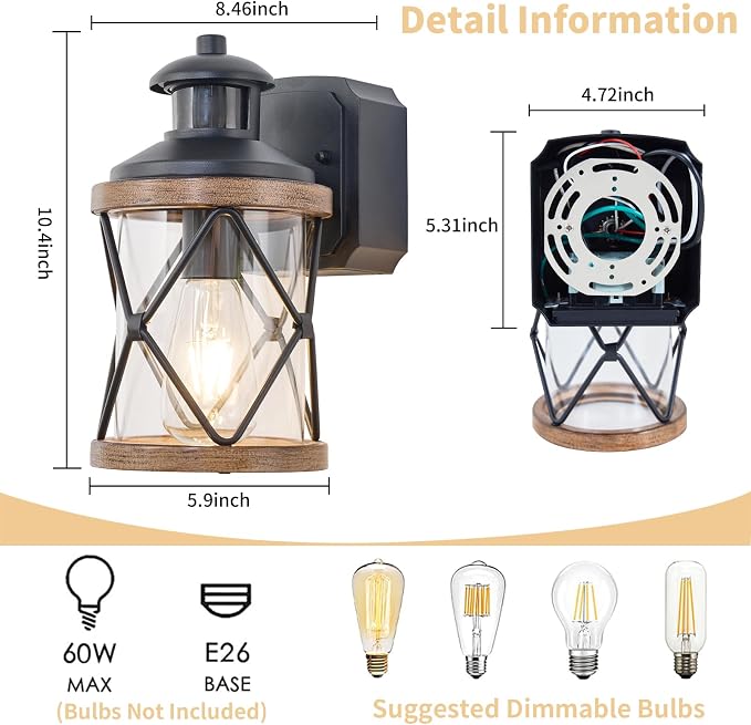Dusk to Dawn Motion Sensor Outdoor Porch Light with GFCI Outlet,3 Lighting Modes Anti-Rust Waterproof Industrial Outdoor Lantern,Exterior Work lights Rustic Wood-Like Finish Wall Light (Brown, 2 Pack)