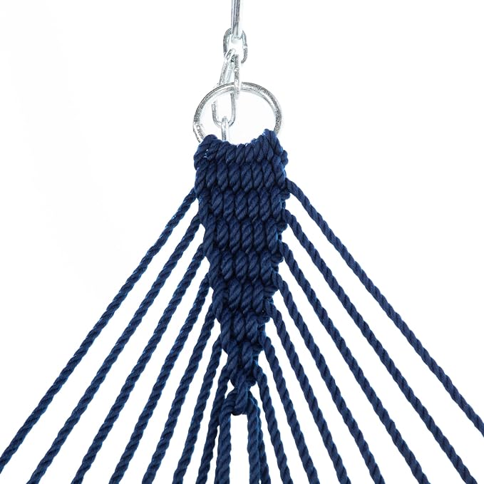 Nags Head Hammocks First Mate Navy DuraCord Rope Hammock – 12 ft. x 50 in., 450 lb Capacity, Cumaru Spreader Bar, Galvanized Hardware, Handcrafted in USA, Free Chains & Tree Hooks