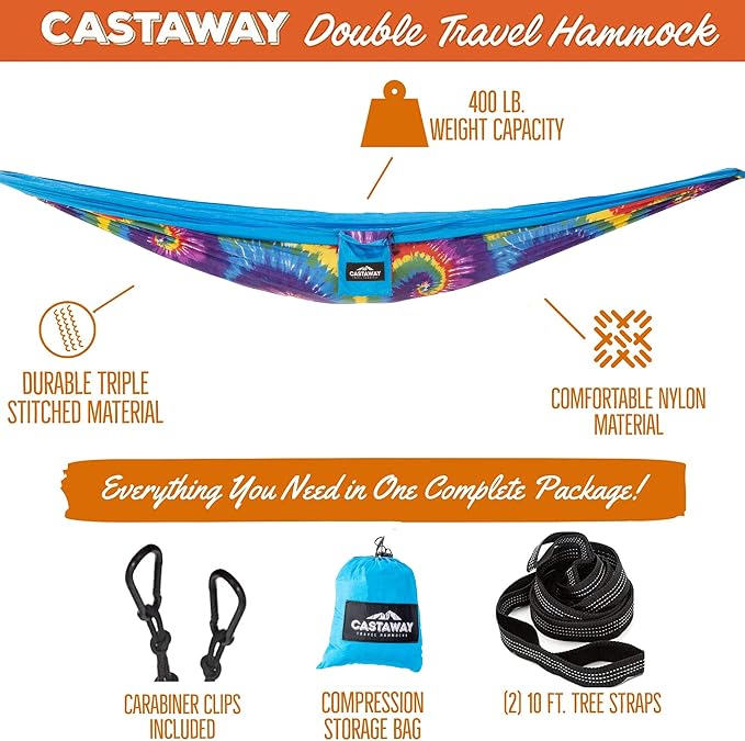 Castaway Travel Hammocks Double Tie Dye Camping Hammock with 2 Tree Straps, Triple Stitched Durable Nylon Material, Compact Design for Backpacking, Travel, Beach, Backyard, Patio, Hiking