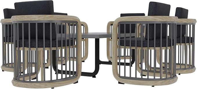 Klyra 7-Piece Outdoor Patio Dining Set Modern Aluminum Rectangular Dining Table and 6 Slatted Chairs with Stain-Resistant Cushions, Weather-Resistant Furniture for Garden, Deck, and Indoor Use, Grey