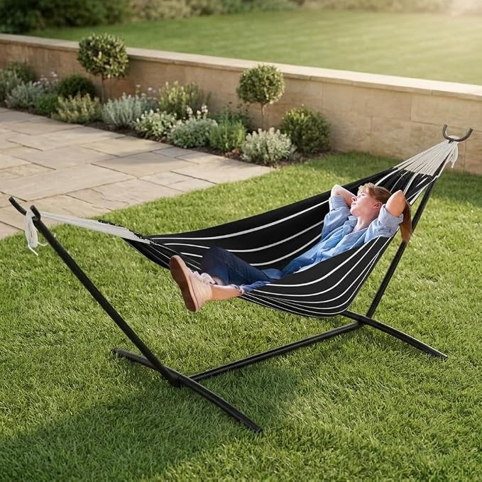 2 Person Double Hammock with Stand Foldable, 450Lbs Capacity, Double Hammocks Portable with Carrying Bag, Thick Rope, Collapsible Heavy-Duty Steel Stand for Indoor & Outdoor, Weatherproof