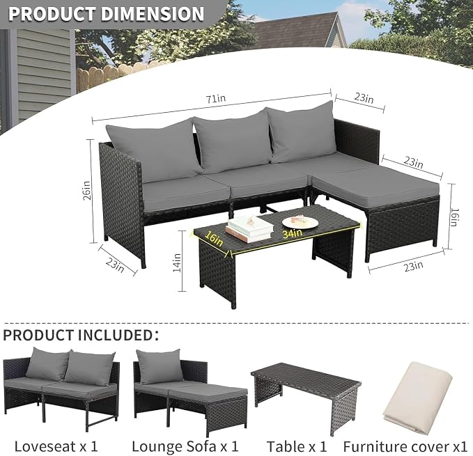 3-Piece Outdoor PE Rattan Furniture Set Patio Black Wicker Conversation Loveseat Sofa Sectional Couch Turquoise Cushion(Gray)