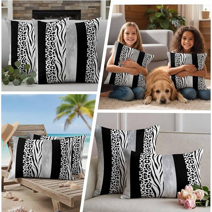 Outdoor Waterproof Pillow Covers for Patio Black Grey Leopard Zebra Stripes Decorative Throw Pillow Cover Abstract Texture Collage Pillowcases Set of 2 Cushion Case for Sofa Couch Chair 18x18 Inch
