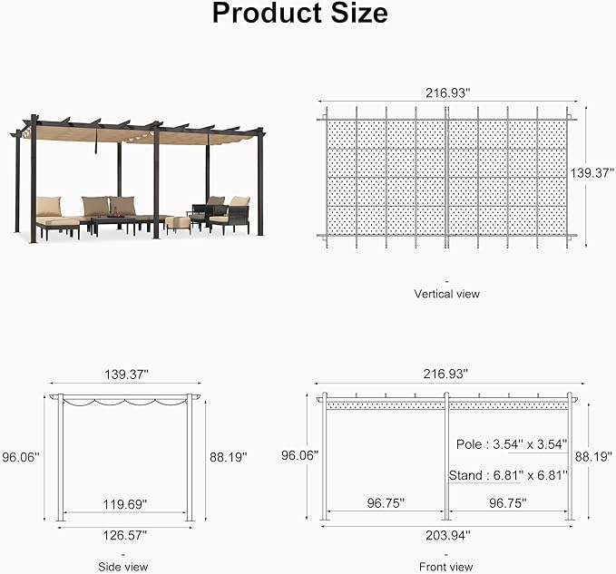 PURPLE LEAF 12' X 18' Outdoor Retractable Aluminum Pergola with Sun Shade Canopy Patio Metal Porch Garden Pavilion Grill Gazebo Modern Backyard Grape Trellis Pergola, Beige
