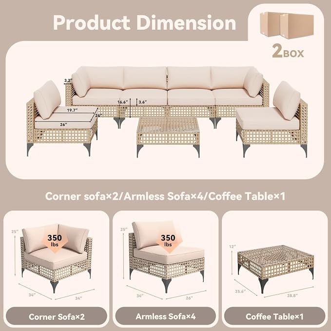 AECOJOY 7-Piece Patio Outdoor Furniture Set with Tea Table, Boho Outdoor Sectional Furniture Sofa PE Rattan Wicker Conversation Set, Light Brown Rattan&Beige Cushions