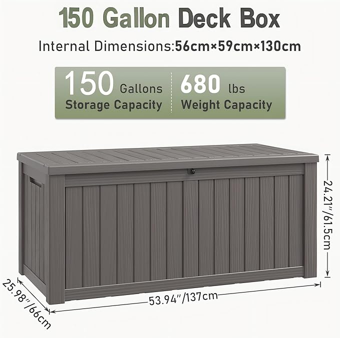 Outdoor Storage Box, 150 Gallon Resin Deck Boxes Outdoor Waterproof For Patio Furniture, Garden Tools, Pool Supplies, Lockable And UV Resistant (Striped Gray)