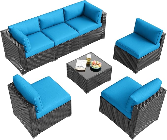 Aoxun Patio Furniture Set, 7 Piece Outdoor Sectional Sofas with Waterprool Cover, Wicker Rattan Outdoor Furniture Patio Conversation Set for Backyard, Garden Peacock Blue