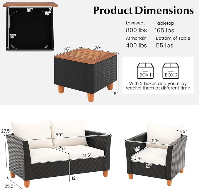 Tangkula 4 Piece Outdoor Conversation Set, Patio Cushioned Chairs w/Storage Coffee Table, Acacia Wood Tabletop & Chair Legs, Patio Wicker Furniture Set for Poolside, Lawn, Porch (1, Off White)