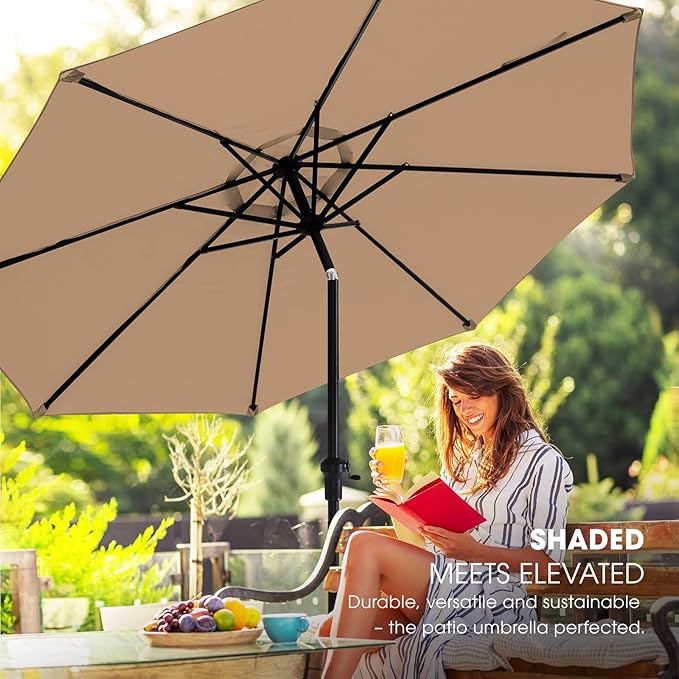 wikiwiki 11FT Patio Umbrella with Base, Outdoor Umbrellas with Base Included, 8 Sturdy Ribs, Waterproof Fade Resistant POLYESTER DTY Canopy for Deck, Lawn, Garden, Backyard & Pool, Tan