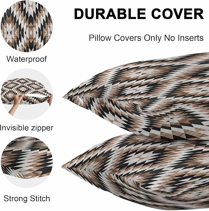 Brown Black Outdoor Pillow Cover 24x24 Inch Cushion Sham Case, Waterproof Decorative Square Throw Pillowcase for Outside Garden Patio Porch Couch Chair Tent Moroccan Southwestern Aztec Abstract Boho