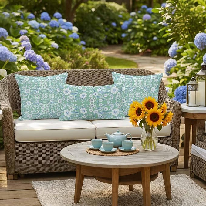 Light Green Blue Floral Waterproof Outdoor Pillow Covers Set of 2 Home Decor, Vintage Pastoral Botanical Pillowcase Patio Pillow Covers for Couch Bench Furniture Garden 20x20in