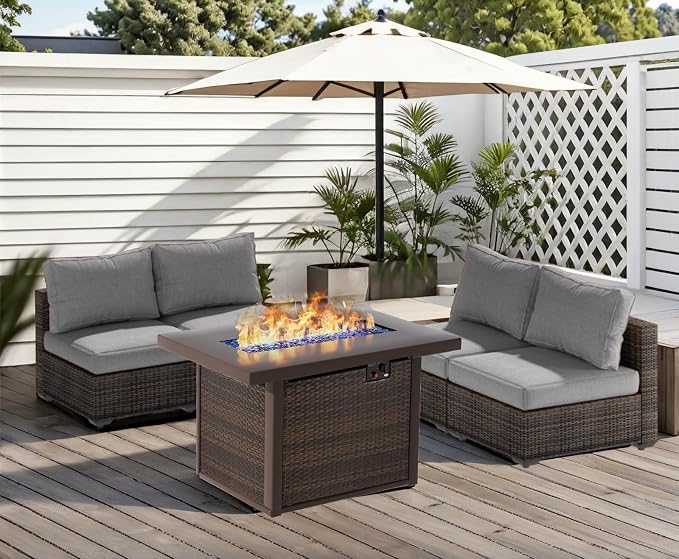 Patio Furniture Set Fire Pit Table 9 Piece All Weather PE Rattan Outdoor Sectional Sofa Couch with 8 x armless Sofa, No-Slip Cushions for Garden, Poolside, Backyard (Gray)