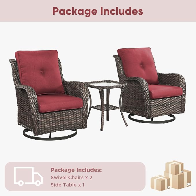 Belord Patio Wicker Chairs Swivel Rocker,Outdoor Patio Furniture Set with Rattan Side Table, All Weather Conversation Set for Porch Poolside Balcony, Brown Wicker/Red