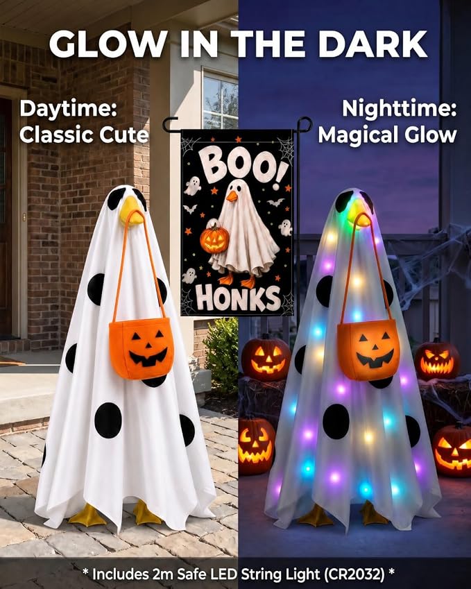 Halloween Porch Goose Outfits, 23 Inch Light Up Ghost Costume & Flag | Ghost porch goose halloween outfit for cement goose. LED ghost clothes with pumpkin bag & flag, gift for mom, grandma.