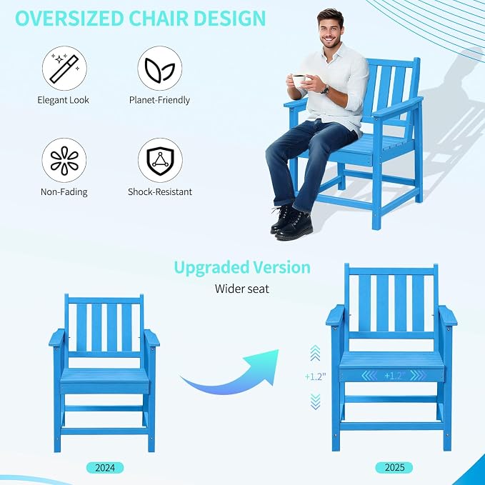 All-Weather Outdoor Chairs Set of 2, Outdoor Patio Dining Chair with Backrest and Armrest, 300 lbs Support All-Weather HDPE Furniture Patio Chair for Backyard, Garden, Deck, Blue