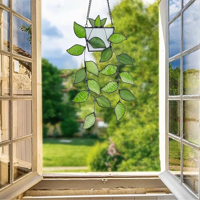 Stained Glass Window Hanging, Green Leaf Plant Suncatcher Decor | Rswardeleco Stained Glass Window Hanging, Green Leaf Plant Suncatcher with Chain, Home Wall Art Decor, Gift for Plant Lovers
