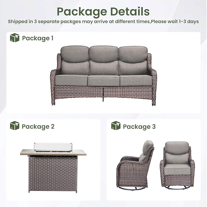 Luxury Patio Furniture Set with 6-inch Thick Cushion, Outdoor Furniture with Fire Pit Table, Swivel Chairs, Sofa, 4pcs Wicker Conversation Set for Deck Yard and Poolside Brown Wicker | Grey Cushions