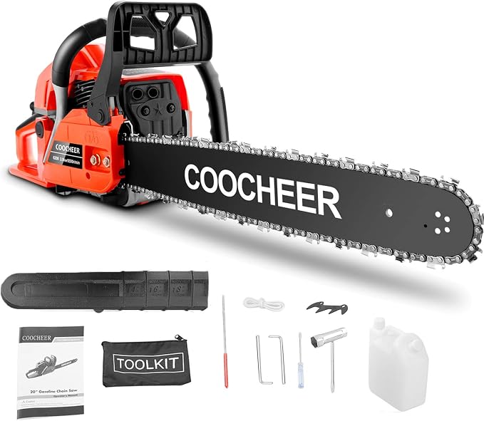 COOCHEER 62CC Gas Powered Chain saws, 20Inch 3.5HP 2-Stroke Gasoline Chain Saw with for Tree Stumps, Limbs, Tree Felling, and Firewood Cutting(Black&Red 2022 Updated)
