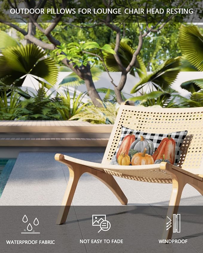 Outdoor Pillows Covers with Inserts Fall Pumpkin Black White Lattice Waterproof Recliner Pillow with Adjustable Strap Throw Pillows for Patio Furniture Pool Lounge Chair, 11x16 inch, 2PCS