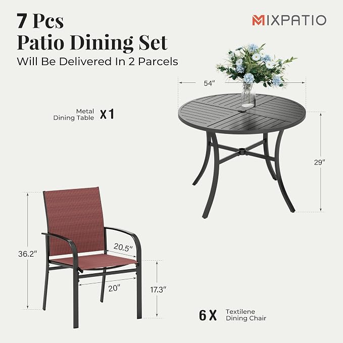 MIXPATIO 7 Pieces Outdoor Table and Chairs, Patio Dining Set for 6 Includes 54" Round Outdoor Table and 6 Patio Chair Set, Outdoor Dining Furniture Set for Lawn Backyard Deck, Red