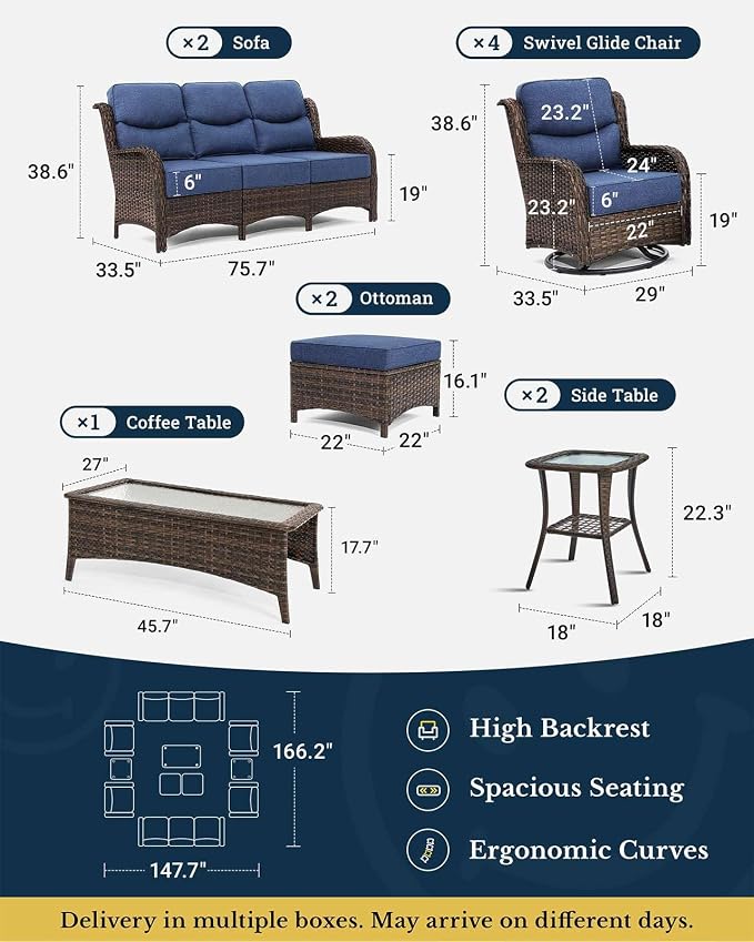 HILLGA Luxury Outdoor Patio Furniture Set with 6-Inch Thick Cushions, High Back Wicker Swivel Rocker Chairs, 11 Pcs All Weather Conversation Set for Large Deck, Yard and Poolside, Blue (V3)