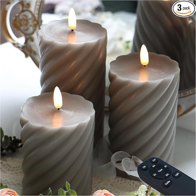 Battery Operated Flameless LED Candles with Remote Timer Real Wax Pillar Candles Electric Flickering Decorative Grey Wax Candles for Home Wedding Party Centerpiece Christmas Decor 3 PCS 3”X 4”, 5”, 6”