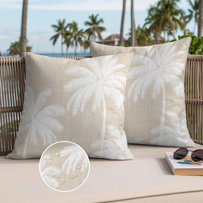 Outdoor Pillow Covers 26x26 Inch Set of 2, Beige Palm Trees Waterproof Throw Pillow Covers, Farmhouse Tropical Summer Beach Decorative Cushion Pillowcases for Couch, Sofa, Bed, Garden, Patio