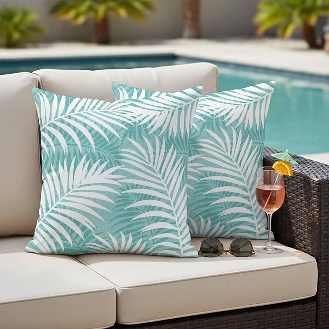 Vandarllin Outdoor Throw Pillows Covers 24x24 inch Set of 2 Waterproof Tropical Palm Leaves Decorative Zippered Cushion Covers for Patio Furniture, Aqua Summer Beach Leaf Lumbar Pillowcases