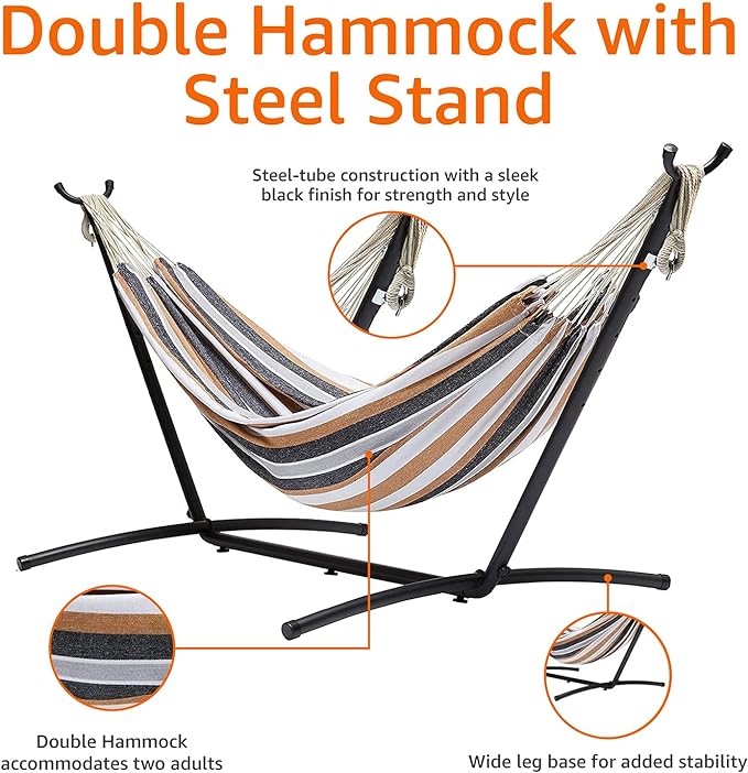 Amazon Basics Double Portable Hammock with Space Saving Steel Stand and Carrying Case, 2 Person, 470lb Capacity, Multi Color, 118" x 46" x 39"