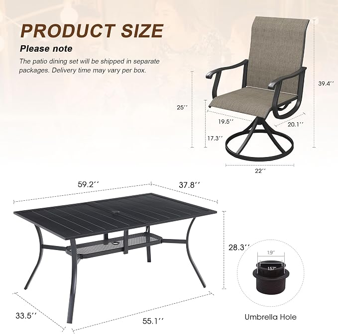 VICLLAX 7 Pieces Patio Outdoor Dining Set, 59" Metal Dining Table with Umbrella Hole and 6 Swivel Textilene Chairs for Lawn,Garden,Porch,Black/Brown