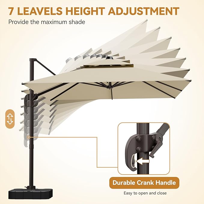 GENTEACO 9x12FT Cantilever Patio Umbrella with Base Included, Double Top Rectangle Offset Umbrella 7 Angle Tilts & 360° Rotation, Large Heavy Duty Outdoor Sun Umbrella for Pool Market, Beige