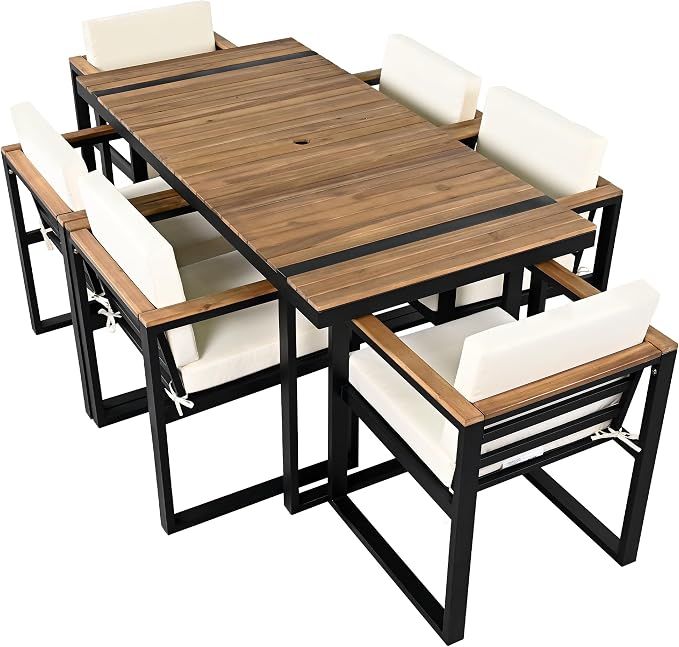 VilroCaz 7 Pieces Outdoor Dining Set, Acacia Wood and Steel Frame Patio Dining Table with Umbrella Hole and 6 Upholstered Chairs for Patio, Backyard, Garden (Beige-Umbr)