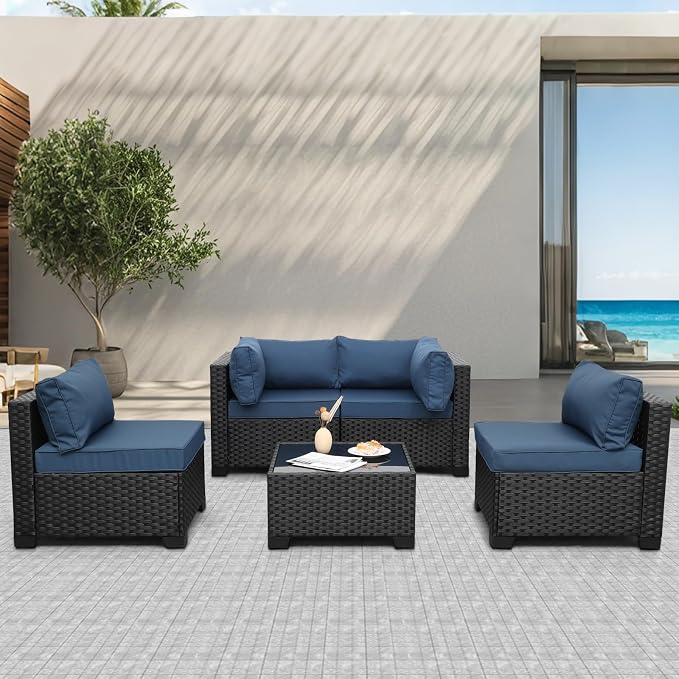 WAROOM Outdoor 5 Piece Patio Furniture Set, Black Rattan Conversation Couch Resin Wicker Sectional Sofa Outside Chair with Coffee Table, Navy Blue Cushion