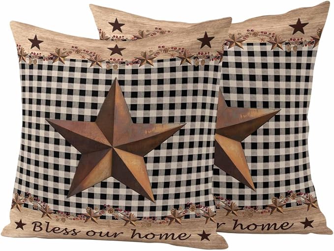 Outdoor Pillow Covers 16x16 Set of 2, Western Texas Star Vintage Waterproof Patio Throw Pillow Covers for Couch Sofa Chair, Rustic Wreath Wood Black Plaid Decorative Pillowcases for Throw Pillows