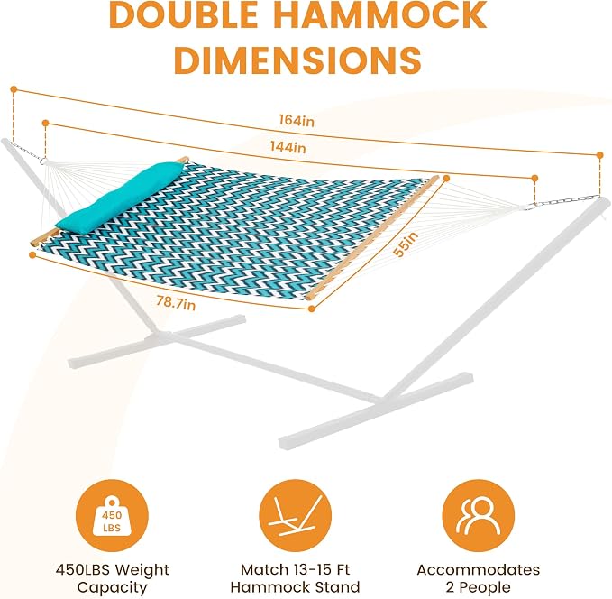 Lazy Daze Hammocks 12 FT Quilted Fabric Double Hammock with Spreader Bars and Detachable Pillow, 2 Person Hammock for Outdoor Patio Backyard Poolside, 450 LBS Weight Capacity, White & Blue Chevron