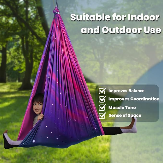 Sensory Swing for Kids Indoor & Outdoor Double Layer Therapy Cuddle Swing with 360° Swivel Hanger Kit Adjustable Swings for Child and Adult with Aspergers Autism (Galaxy Purple)