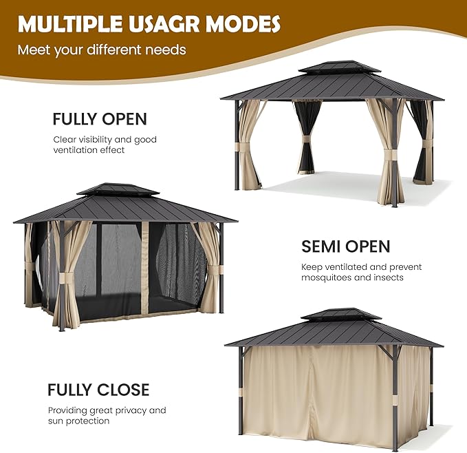 UDPATIO 12'x14' Hardtop Gazebo, Permanent Patio Pavilion with Breathable Netting and Privacy Curtain for Dining Party, Beige