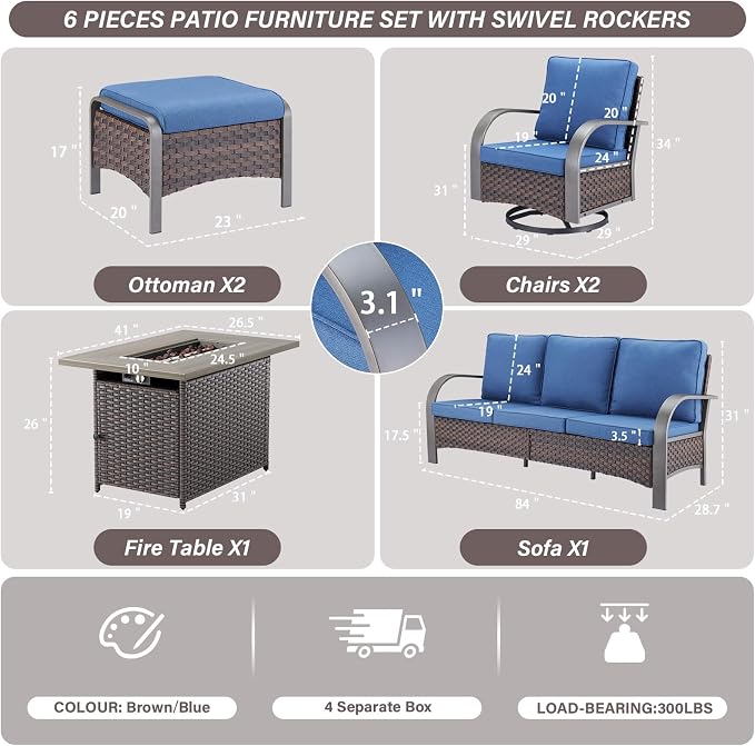 Belord Patio Furniture Set with Fire Pit Table - 50000 BTU Propane Fire Pit, 6 Piece Outdoor Conversation Furniture Sets with 2 Swivel Rocker Chair Rattan Sofa Perfect for Casual Gathering