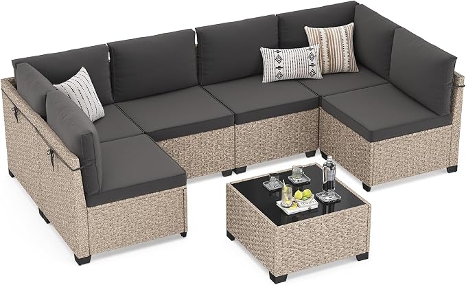 Soohow 7-Piece Patio Furniture Set, Outdoor Sectional All-Weather Wicker Patio Conversation Set for Garden, Porch, Backyard - Grey Cushions