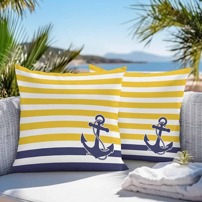 Throw Pillow Covers 16x16 Inch Set of 2, Yellow Striped Waterproof Outdoor Cushion Covers, Navy Blue Nautical Anchor Geometric Decorative Pillowcases for Couch, Sofa, Bed, Garden, Patio