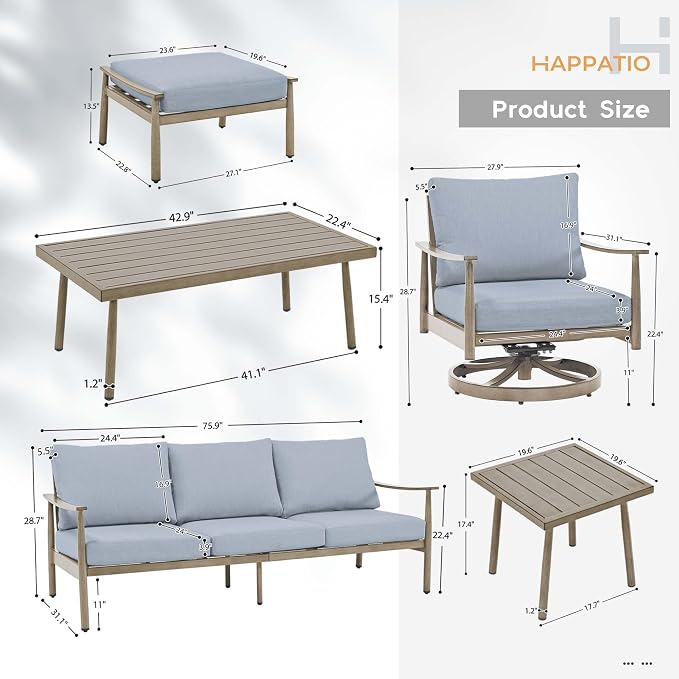 HAPPATIO Patio Outdoor Furniture Set - 7 Pieces Aluminum Outdoor Conversation Set Includes 1 Three-Seater Sofa, 1 Side Table, 1 Coffee Table, 2 Swivel Chairs and 2 Ottomans for Porch, Lawn (Brown)